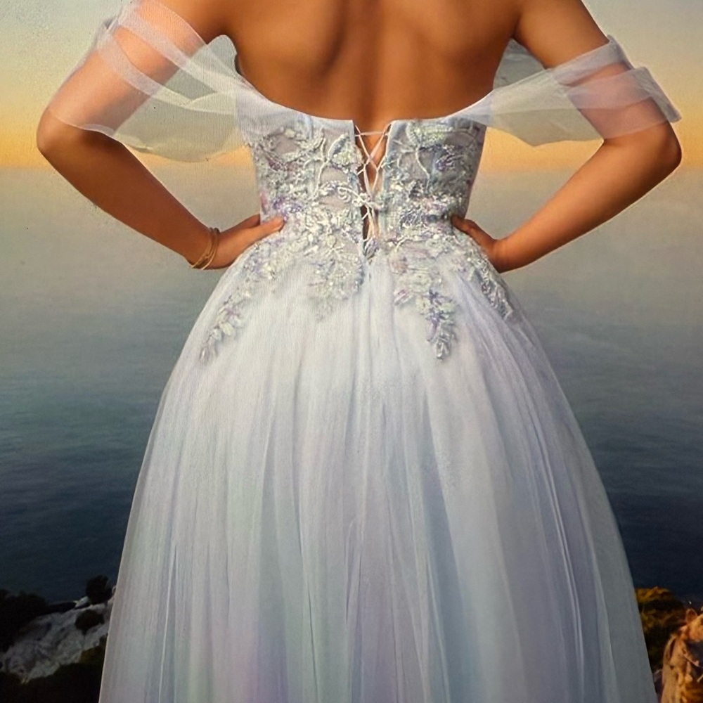 Glamorous light blue off the shoulder embroidered tulle formal dress - Picture 10 of 14
